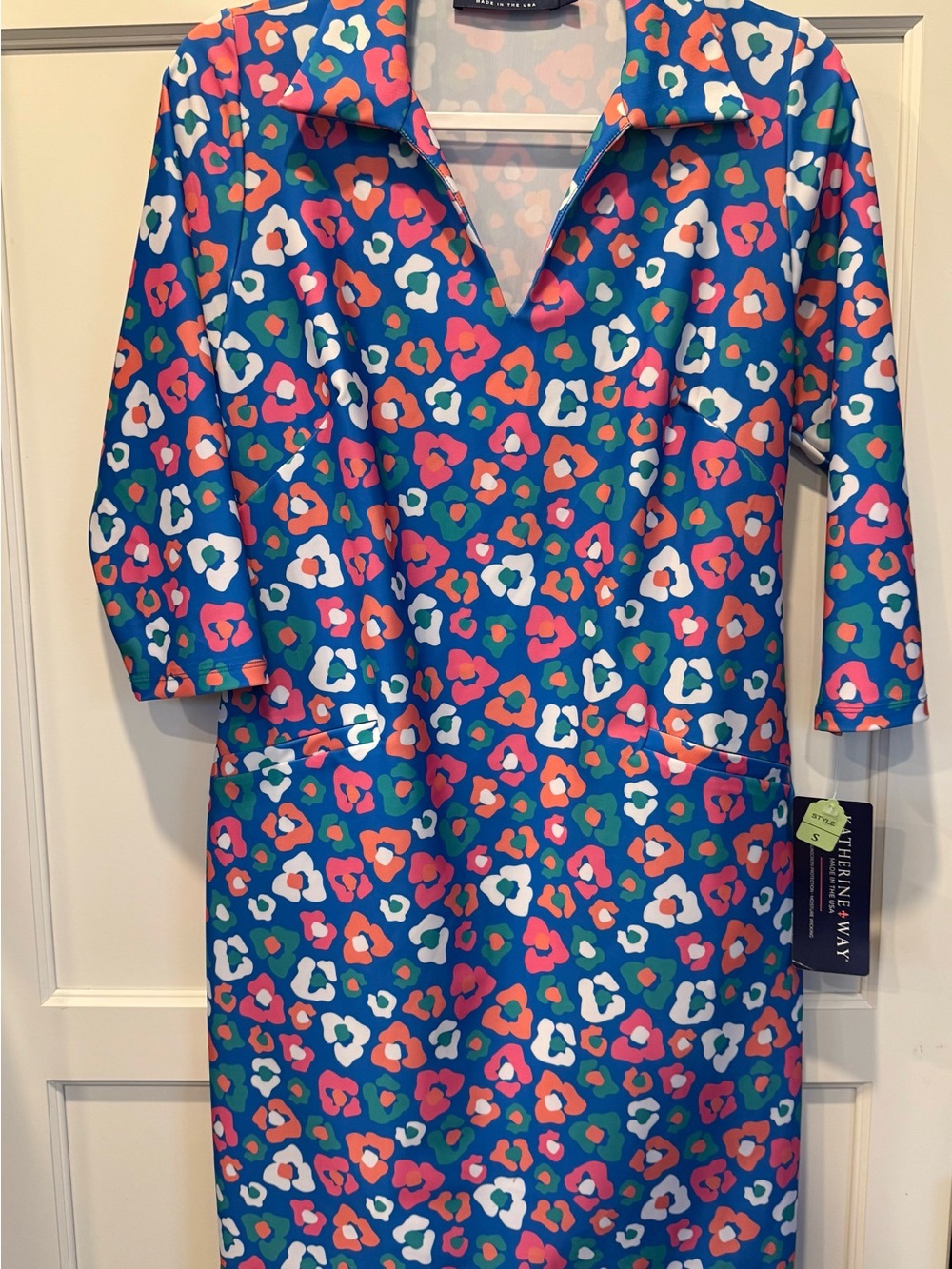 Katherine Way Blue Multicolor Floral-Spot V-Neck Midi Dress